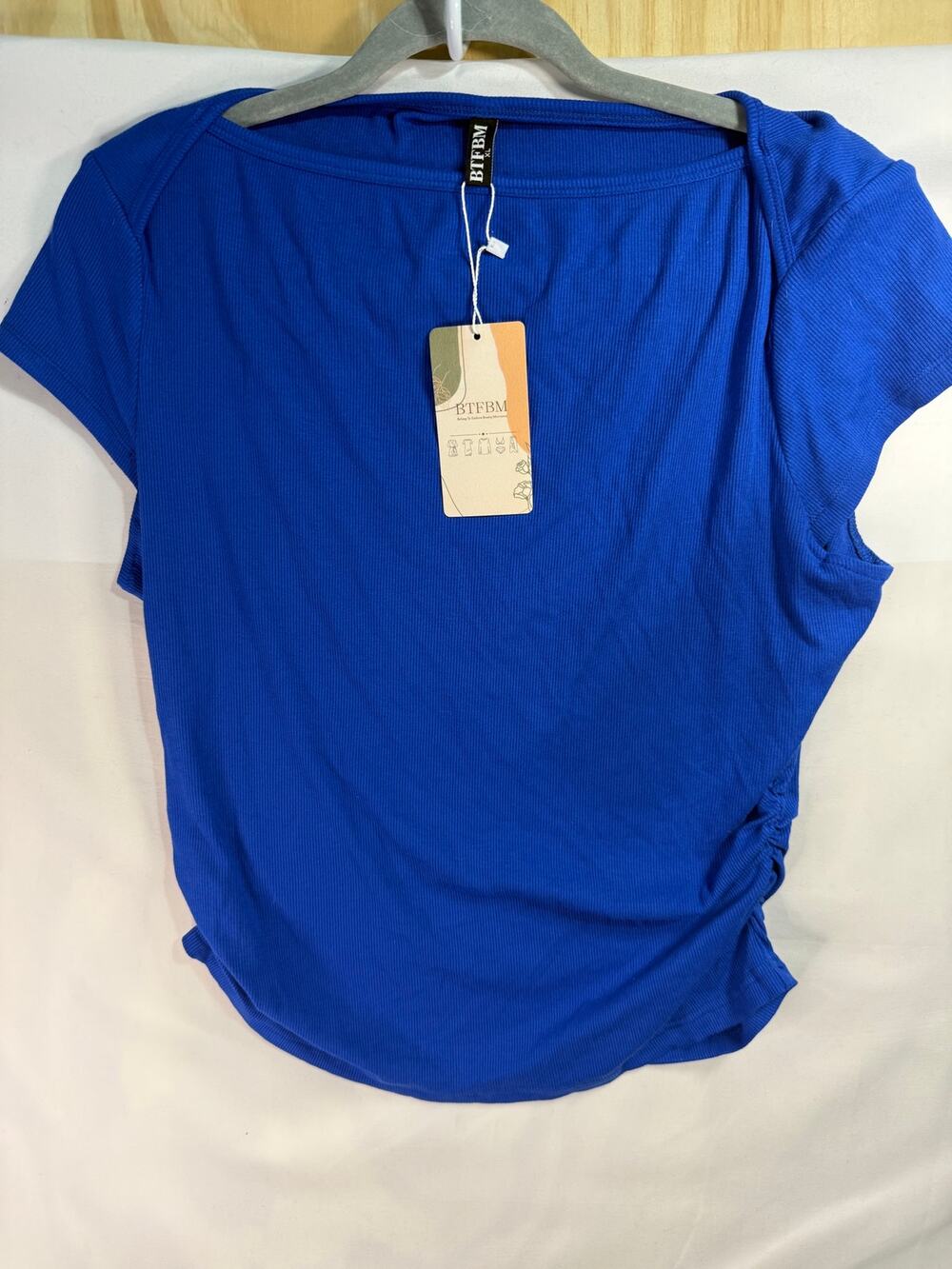 BTFBM Women’s XL Royal Blue Ribbed Ruched Side Top Short Sleeve Stretch